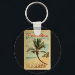 Puerto Vallarta Palm Tree Vintage Travel Key Ring<br><div class="desc">A uniquely retro mid-century modern Puerto Vallarta Mexico art print in vintage travel poster style. It features a curved palm tree on sandy beach with ocean under a blue cloudy sky.</div>