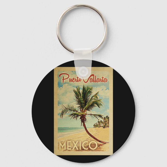 Puerto Vallarta Palm Tree Vintage Travel Key Ring (Front)