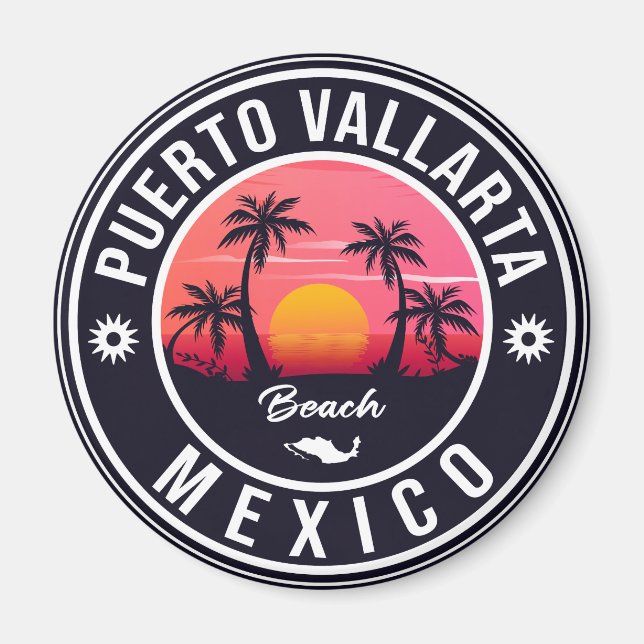 Puerto Vallarta Palm Tree Vintage Travel Souvenir Magnet (Front)