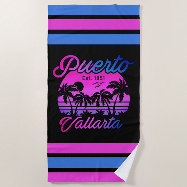 Puerto Vallarta Retro Sunset 80s Palm Trees Beach Towel (Front)
