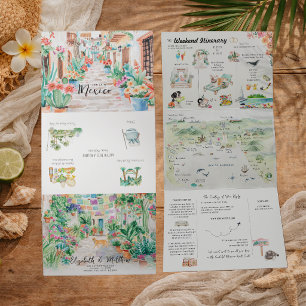 Puerto Vallarta Watercolor Wedding Itinerary Tri-Fold Invitation