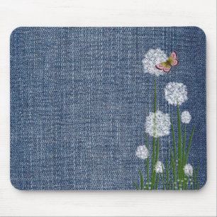 Puff Flowers on Denim Mouse Mat