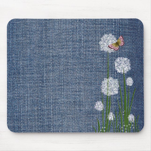 Puff Flowers on Denim Mouse Mat (Front)