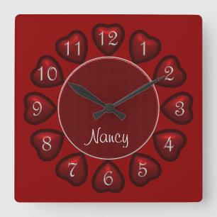 Puffed Hearts Red Square Clock