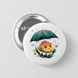 Puffer Fish Rainy Day With Umbrella 6 Cm Round Badge