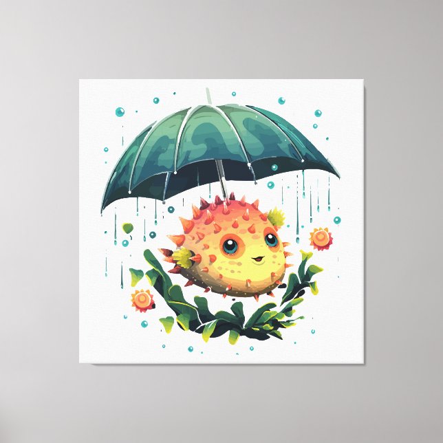 Puffer Fish Rainy Day With Umbrella Canvas Print (Front)