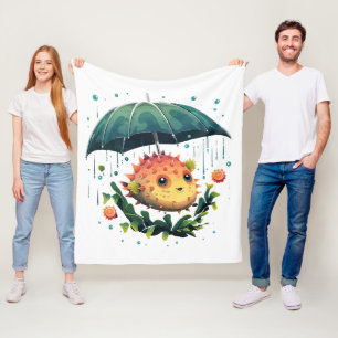 Puffer Fish Rainy Day With Umbrella Fleece Blanket
