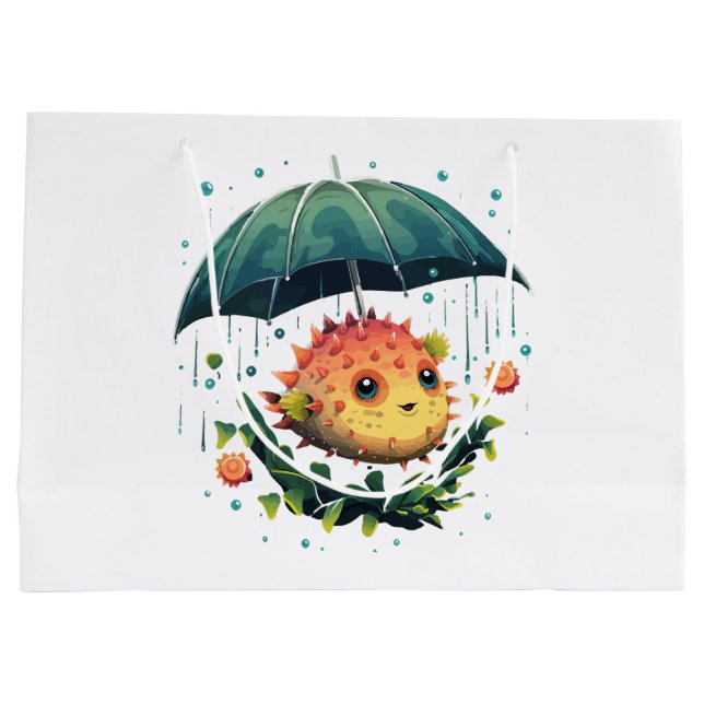 Puffer Fish Rainy Day With Umbrella Large Gift Bag (Back)