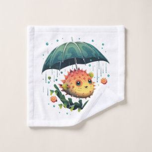 Puffer Fish Rainy Day With Umbrella Wash Cloth