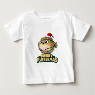 Puffer Fish Santa Hat Christmas Lights Merry Baby T-Shirt