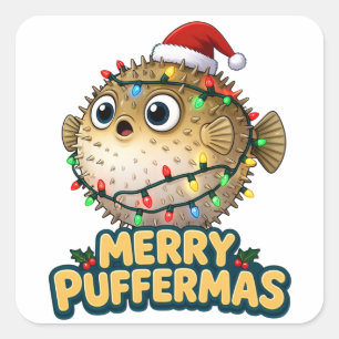 Puffer Fish Santa Hat Christmas Lights Merry Square Sticker