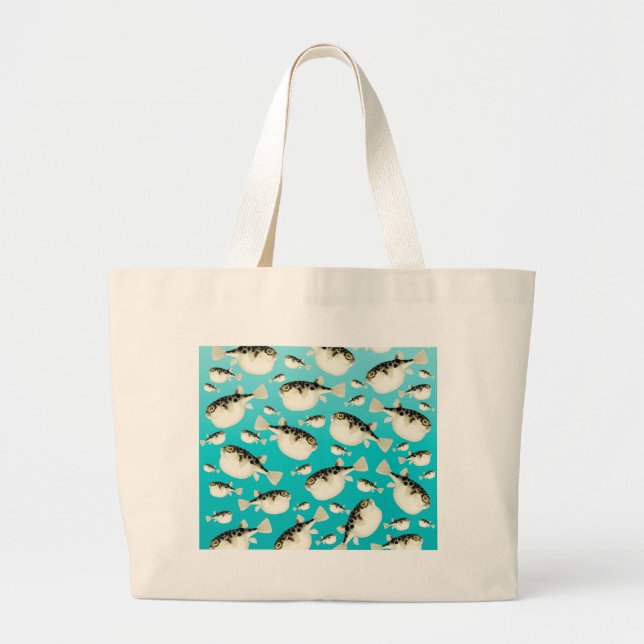 puffer fish teal pattern large tote bag (Front)