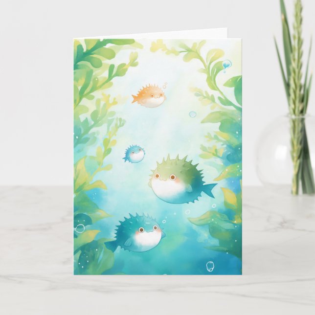 Pufferfish Family Drifting in the Kelp Forest Card (Front)