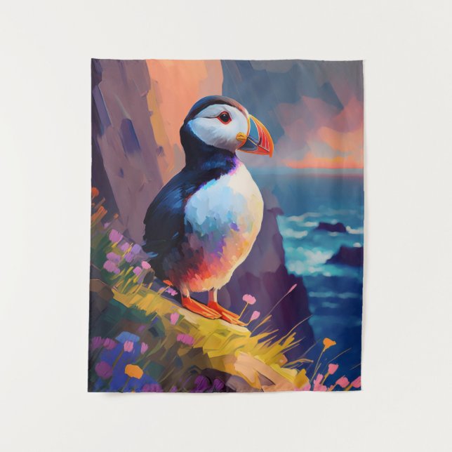 Puffin Bird Animal Portrait Painting Wildlife Free Tapestry (Front)