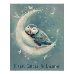 Puffin bird baby sleeping on Moon Poster