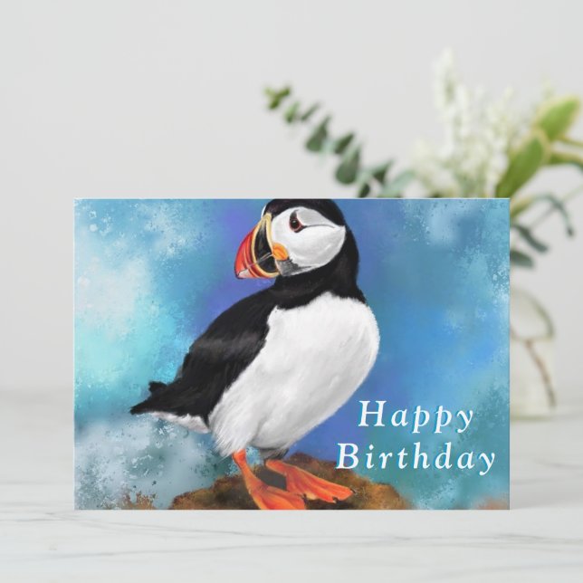 Puffin Bird Happy Birthday Card (Standing Front)