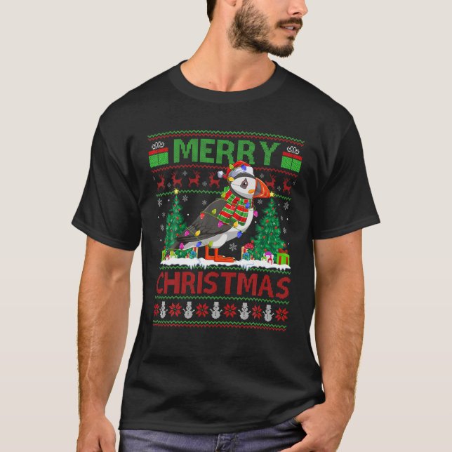 Puffin Bird Lover Xmas Lighting Santa Ugly Puffin T-Shirt (Front)
