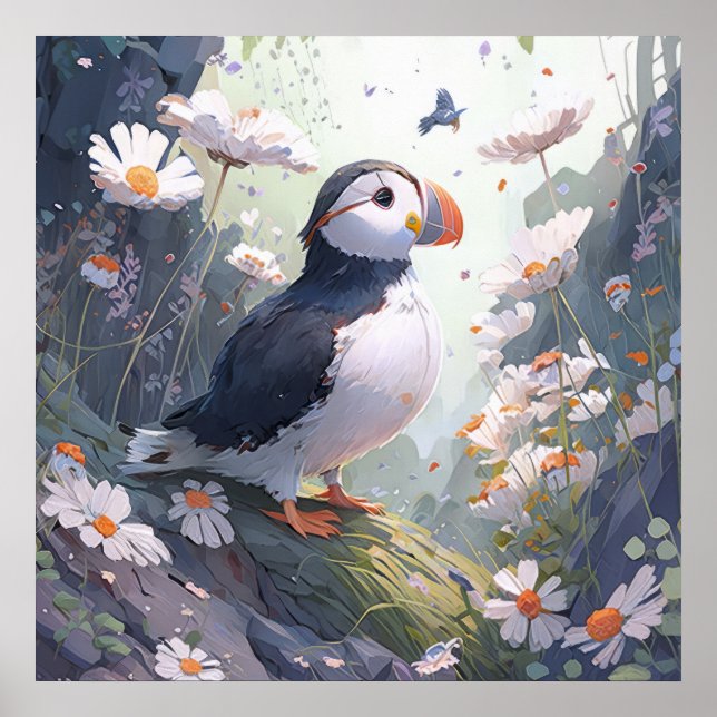 Puffin Bird Portrait Animal Painting Wildlife Free Poster (Front)