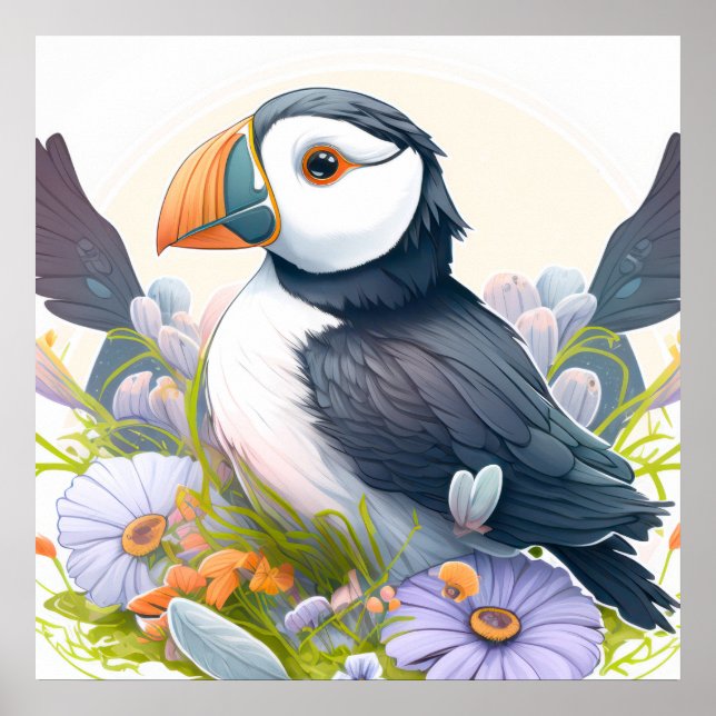 Puffin Bird Portrait Animal Painting Wildlife Free Poster (Front)