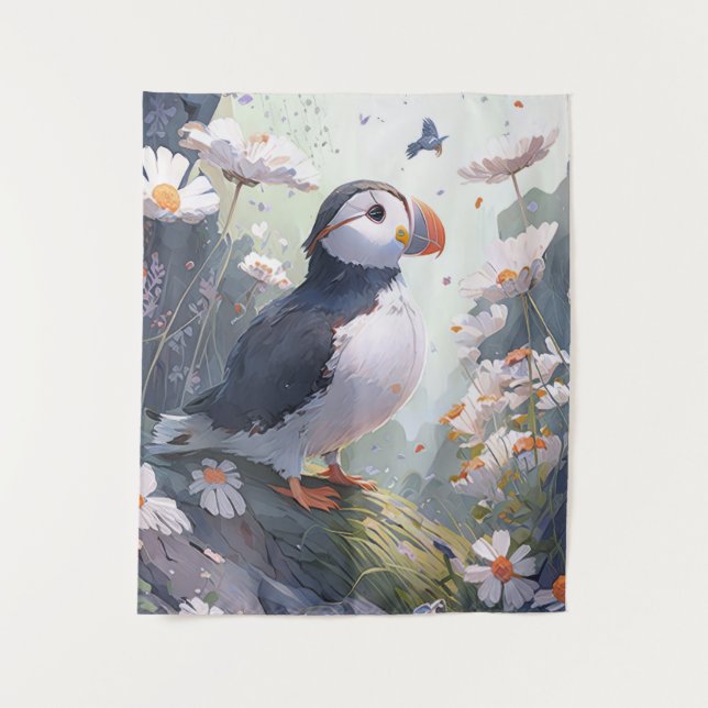 Puffin Bird Portrait Animal Painting Wildlife Free Tapestry (Front)