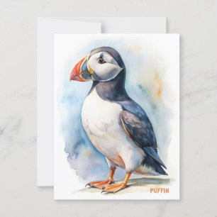 Puffin bird watercolor painting postcard
