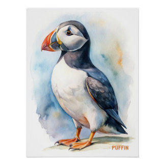 Puffin bird watercolor painting postcard poster