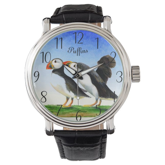 Puffin Bird Watercolor Painting Watch (Front)