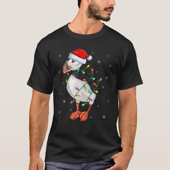 Puffin Bird Xmas Lighting Santa Hat Puffin Christm T-Shirt (Front)