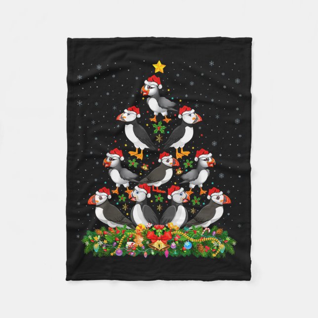 Puffin Bird Xmas Tree Gift Santa Hat Puffin Christ Fleece Blanket (Front)