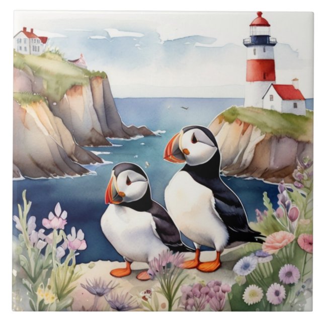 Puffin Birds on Coast with Lighthouse Tile (Front)