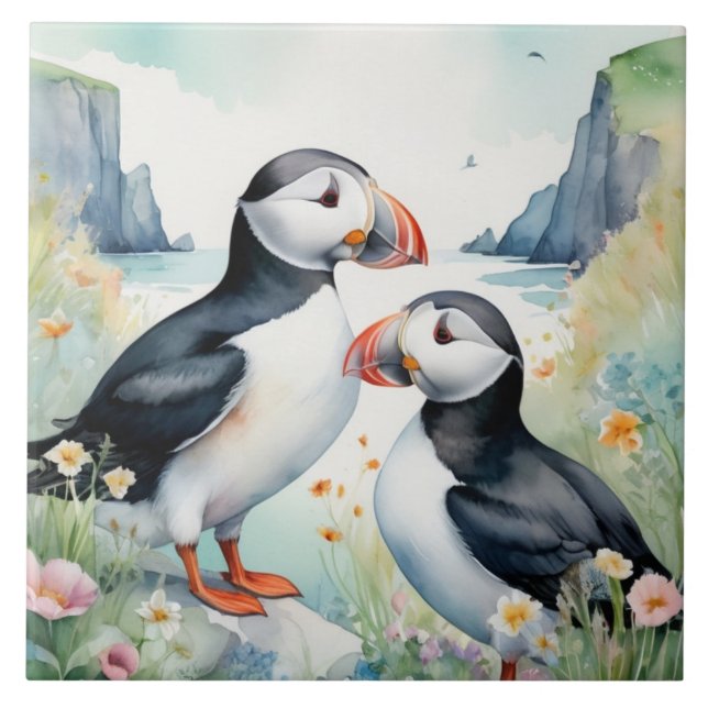 Puffin Birds on Coast with Watercolor Flowers Tile (Front)