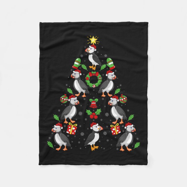 Puffin Birds Xmas Lighting Tree Puffin Christmas  Fleece Blanket (Front)