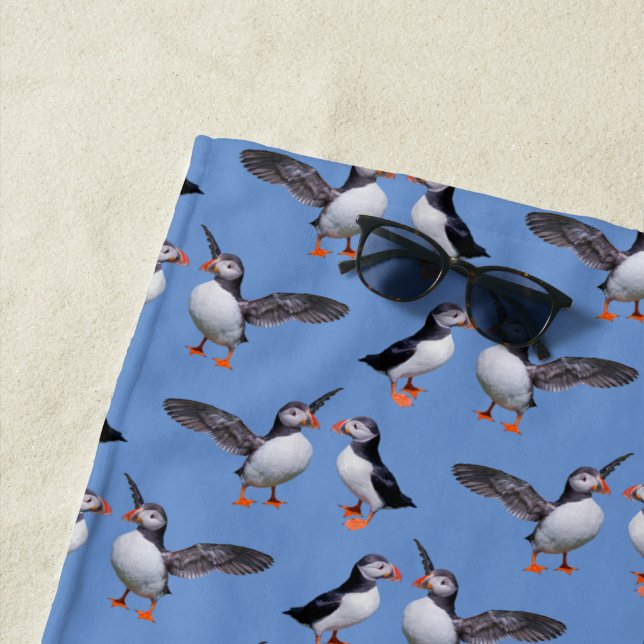 Puffin Frenzy Beach Towel (Blue) (In Situ)
