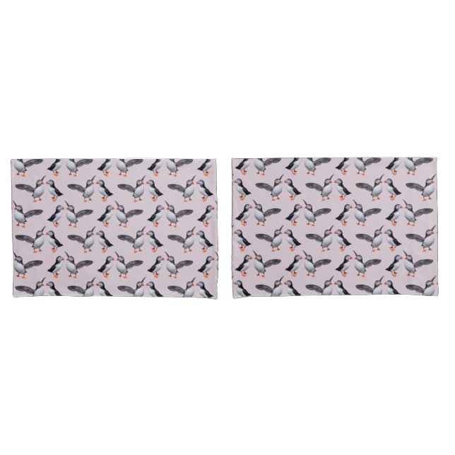 Puffin Frenzy Pillowcases (Dusty Pink) (Front-Set)