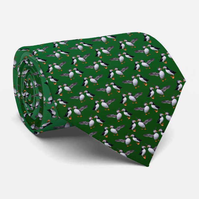 Puffin Frenzy Tie (Light/Dark Green) (Rolled)