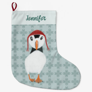 Puffin in Winter Hat Personalised Large Christmas Stocking
