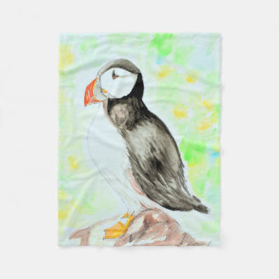 Puffin Ink and Watercolor Painting Fleece Blanket