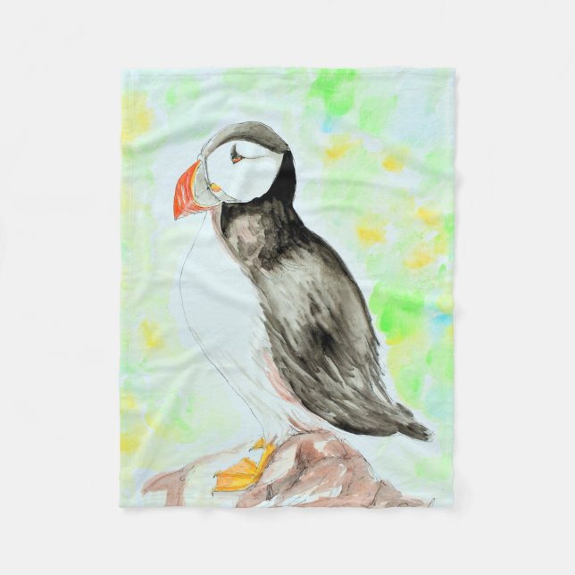 Puffin Ink and Watercolor Painting Fleece Blanket (Front)