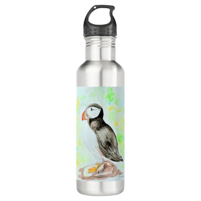 Puffin Ink and Watercolour Painting 710 Ml Water Bottle (Front)