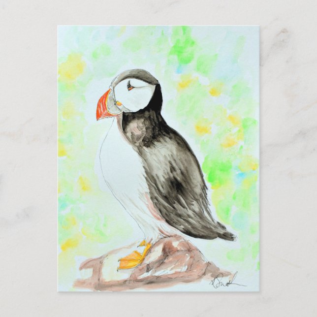 Puffin Ink and Watercolour Painting Postcard (Front)