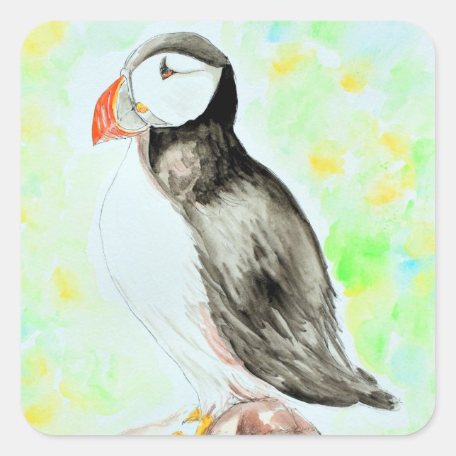 Puffin Ink and Watercolour Painting Square Sticker (Front)