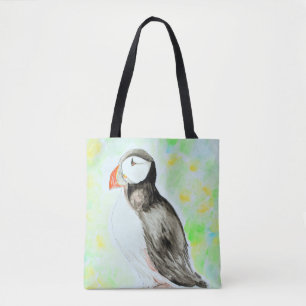 Puffin Ink and Watercolour Painting Tote Bag