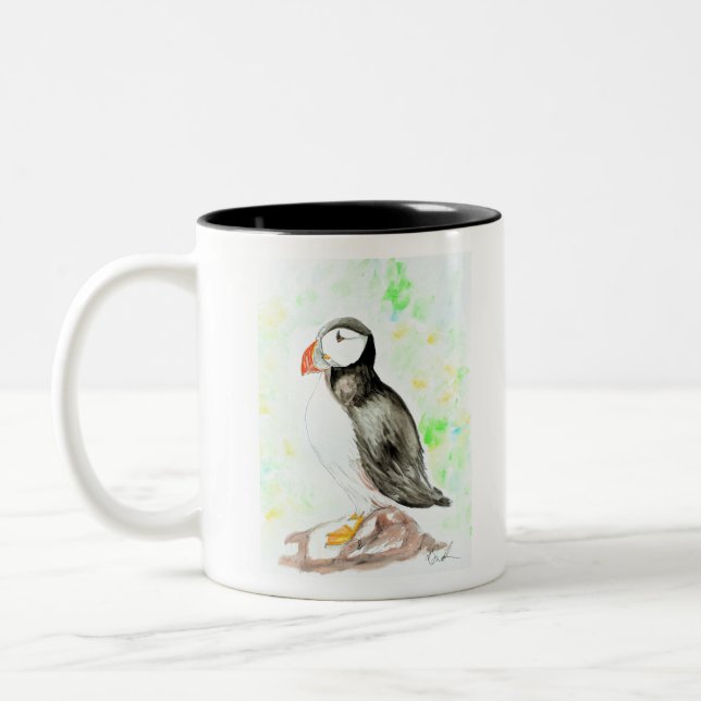 Puffin Ink and Watercolour Painting Two-Tone Coffee Mug (Left)
