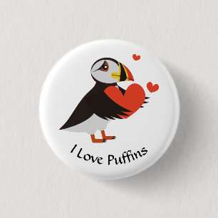 Puffin Love Red Hearts Button