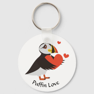 Puffin Love Red Hearts Keychain