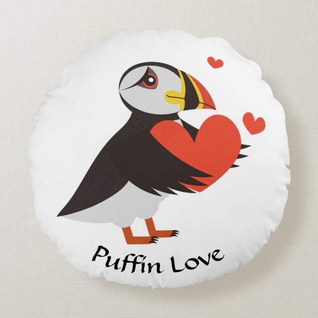 Puffin Love Red Hearts  Round Cushion (Front)