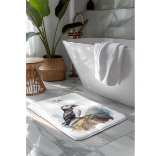 Puffin on a Rock Watercolor, custom Bath Mat