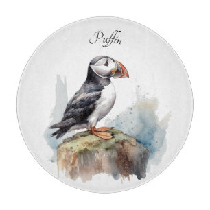 Puffin on a Rock Watercolor, custom Cutting Board