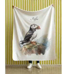 Puffin on a Rock Watercolor, custom Fleece Blanket