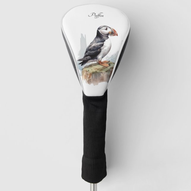 Puffin on a Rock Watercolor, custom Golf Head Cover (Front)